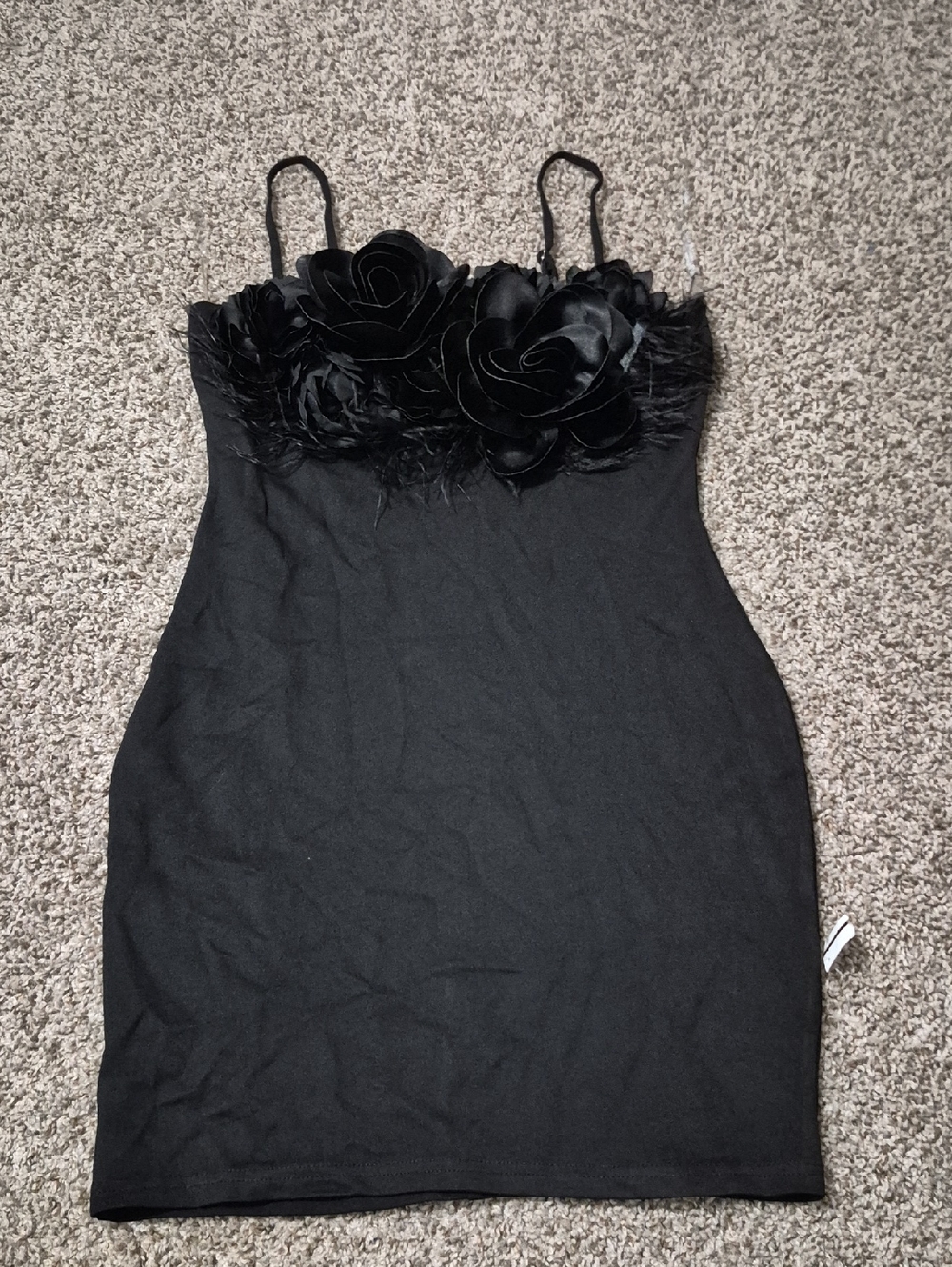 Black Floral Appliqué Spaghetti Strap Mini Dress